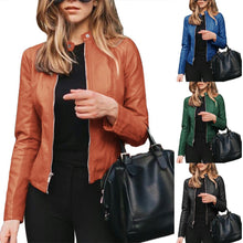 Load image into Gallery viewer, Women Autumn Winter Solid Color Stand Collar Faux Leather Zipper Slim Coat Jacket Elegant Faux Coat Women 2020 Autumn Outwear
