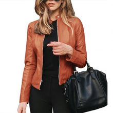 Load image into Gallery viewer, Women Autumn Winter Solid Color Stand Collar Faux Leather Zipper Slim Coat Jacket Elegant Faux Coat Women 2020 Autumn Outwear
