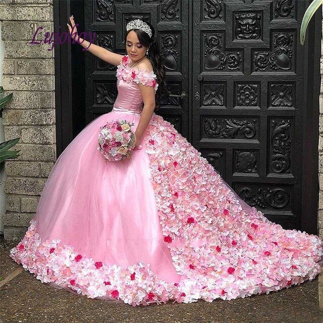 Pink Quinceanera Dresses Ball Gown Plus Size Flowers Puffy Masquerade Debutante 15 year old Sixteen Sweet 16 Dress Prom Dress