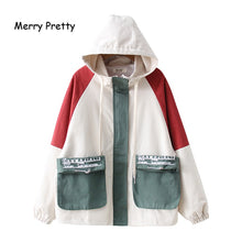Load image into Gallery viewer, Merry Pretty Women Contrast color Pockets Basic Jacket 2019 Winter Long Sleeve Hooded Jacket Casual Zippers Loose Outerwear Coat
