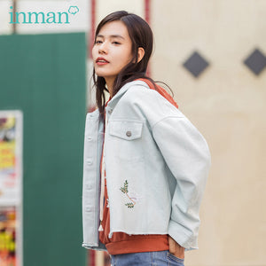 INMAN 2020 Spring New Arrival Literary Pure Cotton Embroided Single-breasted Loose Denim Jacket