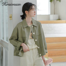Load image into Gallery viewer, Hirsionsan 100% Cotton Thin Jacket Women 2020 Spring New Harajuku Korean Casual Coat for Lady Ins Turn Down Collar Green Outwear
