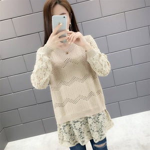 NEW 2019 autumn dress women's new long lace long sleeve sweater women's bottoming shirt loose coat