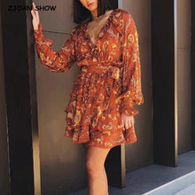 Load image into Gallery viewer, 2020 Bohemia Orange Pteris Flower Print Long Sleeve Wrap Dress Holiday Beach Woman Ethnic Ruffles Short Summer Dresses Vestido
