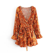 Load image into Gallery viewer, 2020 Bohemia Orange Pteris Flower Print Long Sleeve Wrap Dress Holiday Beach Woman Ethnic Ruffles Short Summer Dresses Vestido
