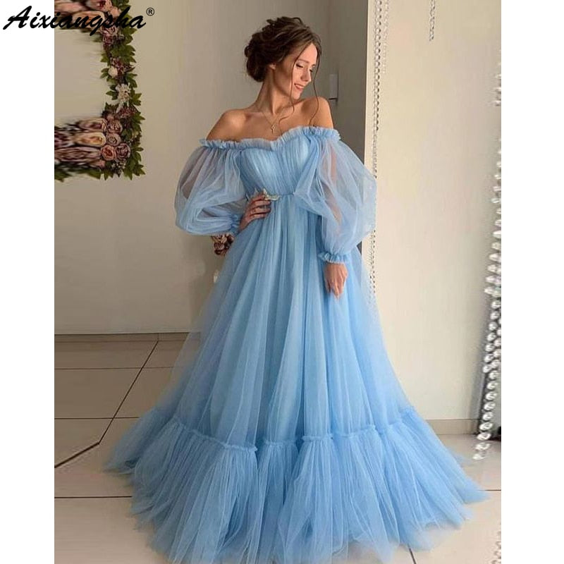 Blue 2019 Prom Dresses A-Line Off the Shoulder Sweetheart Tulle Long Sleeves Prom Gown Evening Party Dresses Robe De Soiree