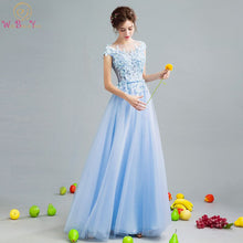 Load image into Gallery viewer, Walk Beside You Blue Prom Dresses Backless Lace Applique Sequined A-line Long  vestidos longos de formatura Evening Formal Gowns

